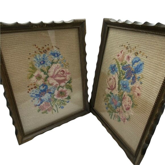 Cross Stitch Rustic Frames Vintage Floral CottageCore Retro 1946 Set Of 2